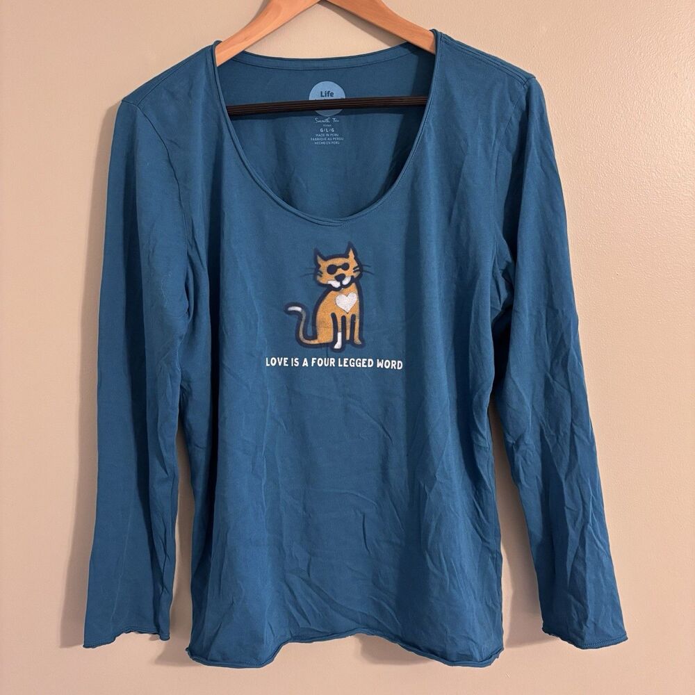 Life Is Good Long Sleeve Cotton Raw Hem Top Smooth Tee Fitted Cat Lover Large